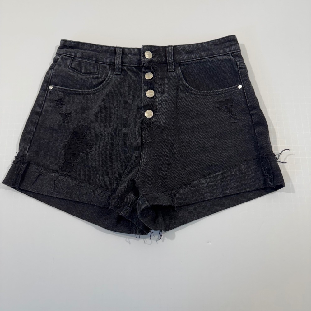 Zara Denim Shorts Women 6 Black Button Fly Distressed High Rise Frayed Hem